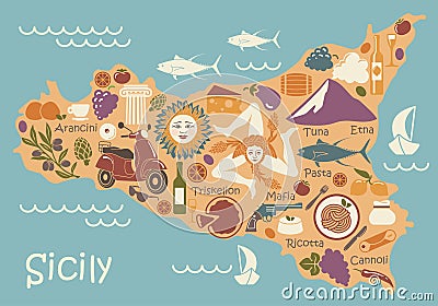 Stylized map of Sicily with traditional symbols Vector Illustration