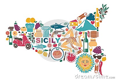 Stylized map of Sicily with traditional symbols Vector Illustration