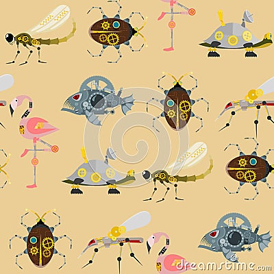 Stylized metal steampunk mechanic robots animals machine steam gear insect punk art machinery seamless pattern Vector Illustration