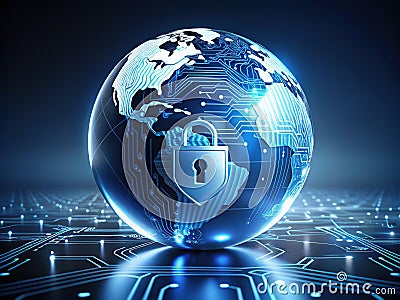 A Minimalist 3D Representation of Cybersecurity and Data Privacy A Globe Protected by a Shield Stock Photo