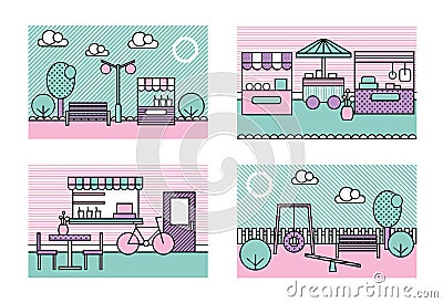 Stylized modern minimalistic vector city places illustrations. Park, playground, farmers market, street caffee. Vector Illustration