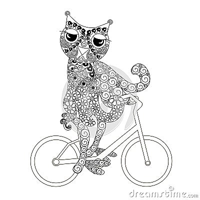 Stylized monochrome owl on bicycle doodle style anti stress Vector Illustration