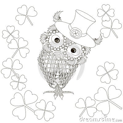 Stylized monochrome owl at hat with clover, doodle style anti stress Vector Illustration