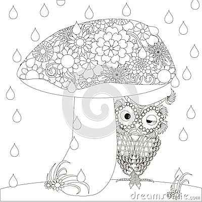 Stylized monochrome owl is hiding under mushroom from the rain Vector Illustration