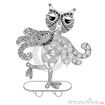 Stylized monochrome owl on skateboard, doodle style anti stress Vector Illustration