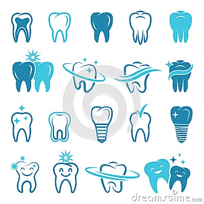 Stylized monochrome pictures of teeth. Dental concept illustrations for logos Vector Illustration