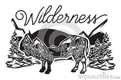 Stylized monochrome vector illustration with bison and forest Vector Illustration