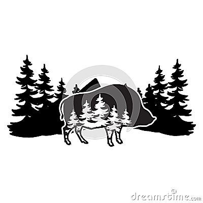 Stylized monochrome vector illustration with boar and forest Vector Illustration