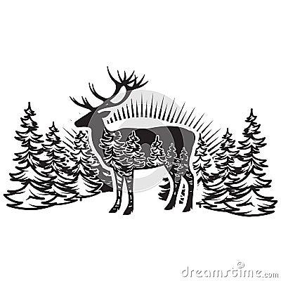 Stylized monochrome vector illustration with deer and forest Vector Illustration