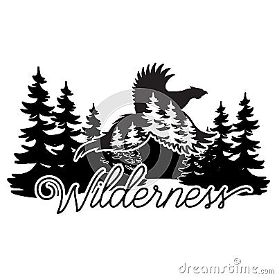 Stylized monochrome vector illustration with pheasant and forest Cartoon Illustration