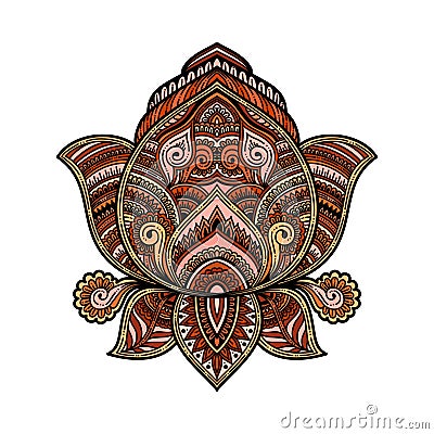 Stylized multicolored ornamental Lotus flower, ethnic art, patterned Indian paisley. Hand drawn illustration. Invitation el Cartoon Illustration