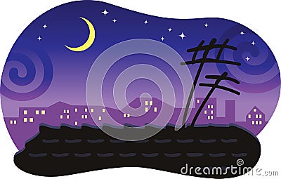 Stylized night cityscape with a tiled roof. Stock Photo