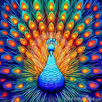 A stylized op art peacock with surreal neon feathe, Generative AI Stock Photo