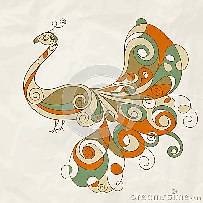Stylized peacock on crumpled paper Vector Illustration