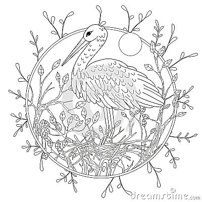 Stylized pelican bird among foliage. Freehand sketch for adult anti stress coloring book page Vector Illustration