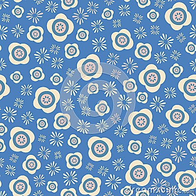 Stylized pink and cream flowers on a blue background in a tossed seamless pattern. Pretty summer floral vector design Vector Illustration