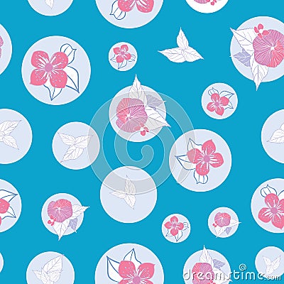 Stylized pink flowers on turquoise dotted background seamless repeat vector. Vector Illustration