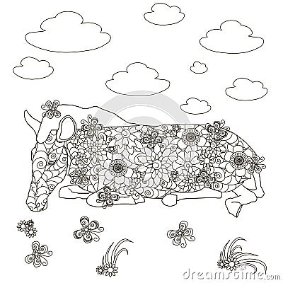 Stylized pony, flowers monochrome anti stress Vector Illustration