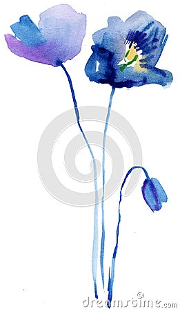 Stylized Poppy flowers illustration. watercolor background . Cartoon Illustration