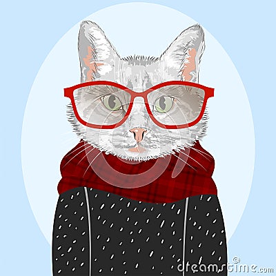 Stylized portrait of a cat in wearing glasses, sweater and a checkered scarf Vector Illustration