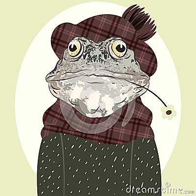 Stylized portrait of a frog in a sweater, checkered scarf and beret Vector Illustration