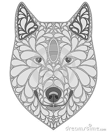 Stylized portrait of a wolf. Abstract dog head. A predatory animal. Black and white illustration. Tattoo. Print. Vector Illustration