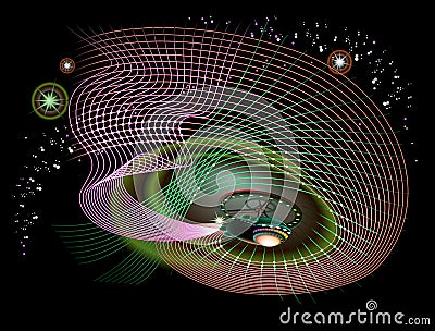 Stylized quantum field theory in curved space time. High tech digital technology. Abstract artistic background for banner or Vector Illustration