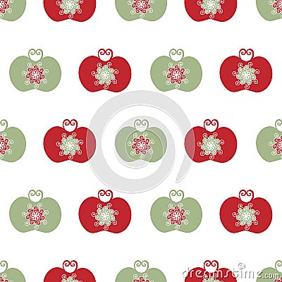 Stylized red and green apple seamless vector pattern background. Rows of orchard fruit in Jacobean style on white Vector Illustration