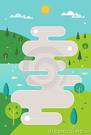 Stylized Road Map Illustration against Countryside Hills and River Background. Infographics Template Vector Illustration
