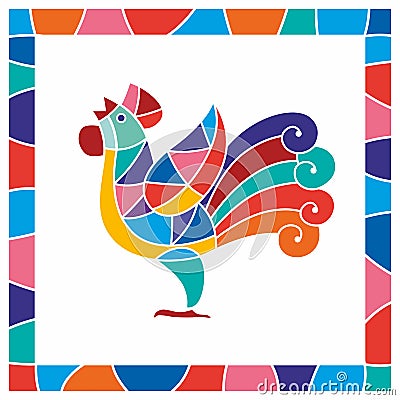 Stylized Rooster. Folk art. Decorative bird patchwork Vector Illustration
