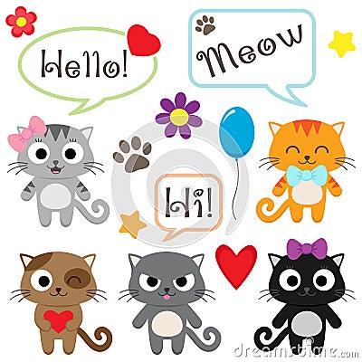 Stylized set of cute cartoon kittens Vector Illustration