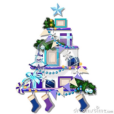 Stylized shelf with Christmas decorations, cute baubles isolated on white background. Sample of holiday poster, card Vector Illustration