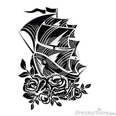 Stylized ship in black color with sails, bottom decoration of roses, logo, isolated object on a white background, vector Vector Illustration