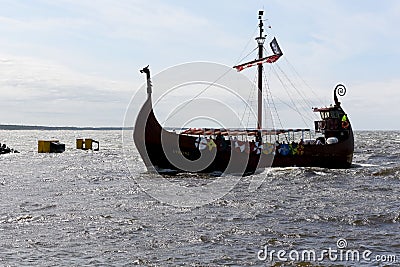 Stylized ship called Viking returns from a cruise. Editorial Stock Photo