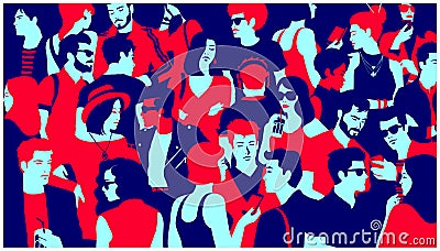 Stylized silhouette of crowd of people mixed group hanging out, chatting and drinking minimal flat design vector illustration Vector Illustration