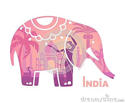 Stylized silhouette of the Indian elephant with the symbols of India Vector Illustration