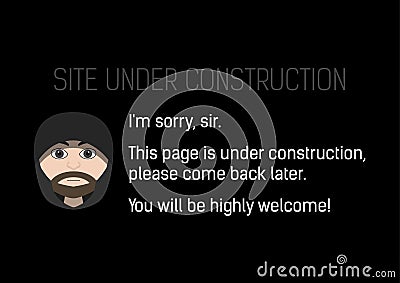 Stylized Site under construction with hooded man and polite text Vector Illustration