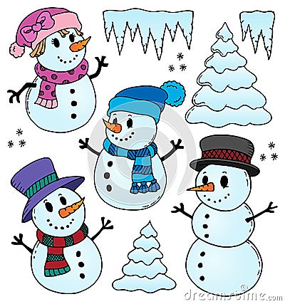 Stylized snowmen theme drawings 1 Vector Illustration