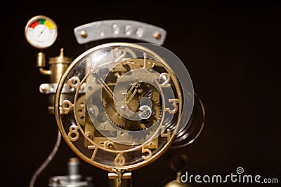 Stylized steampunk metal clock. Vintage concept mechanical clock. Stock Photo