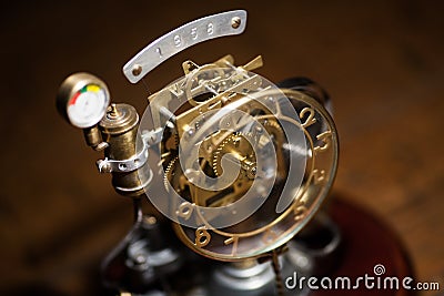 Stylized steampunk metal clock. Vintage concept mechanical clock. Stock Photo