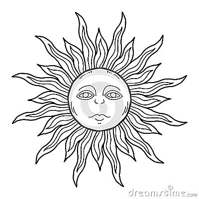 Stylized sun with face hand drawn in black ink outline, traditional ethnic Slavic symbol for Shrovetide or Maslenitsa Vector Illustration