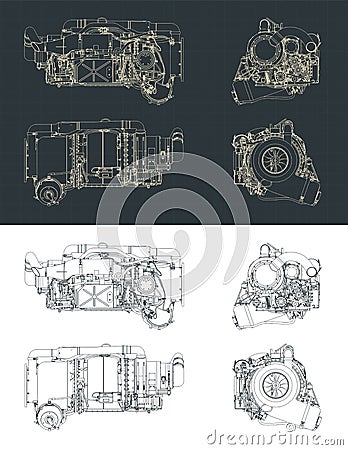 Aircraft gas turbine engine APU blueprints Vector Illustration