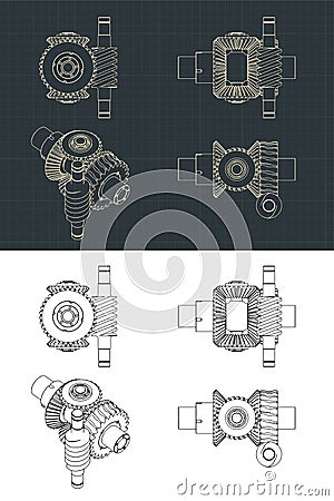 Differential gear system with worm gear drawings Vector Illustration