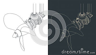 Outboard motor gearbox isometric blueprints Vector Illustration