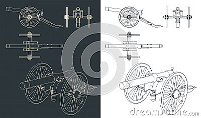 Vintage Artillery Cannon Drawings Vector Illustration