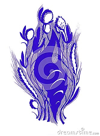Stylized vegetative element with a shell, clover flowers and ears of wheat Cartoon Illustration