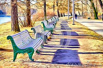A parkway with benches in the park - stylized to painting Stock Photo