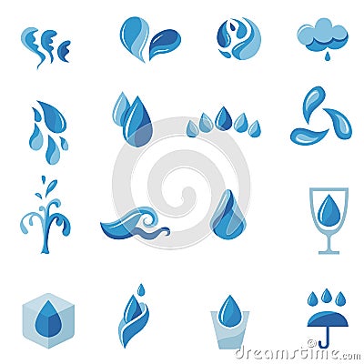 Stylized water and splash. Set with different abstract blue emblems. Modern logotypes and symbols for your design projects. Flat Vector Illustration