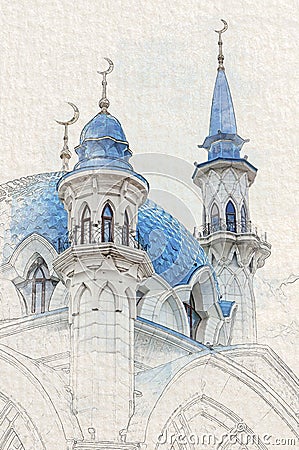 Watercolor sketch painting of Kul Sharif mosque Stock Photo