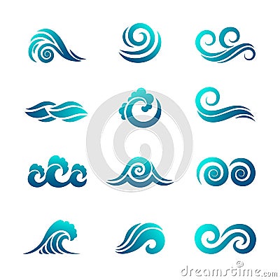 Stylized wave logo. Ocean and sea water graphics flowing wave swimming vector symbols collection Vector Illustration